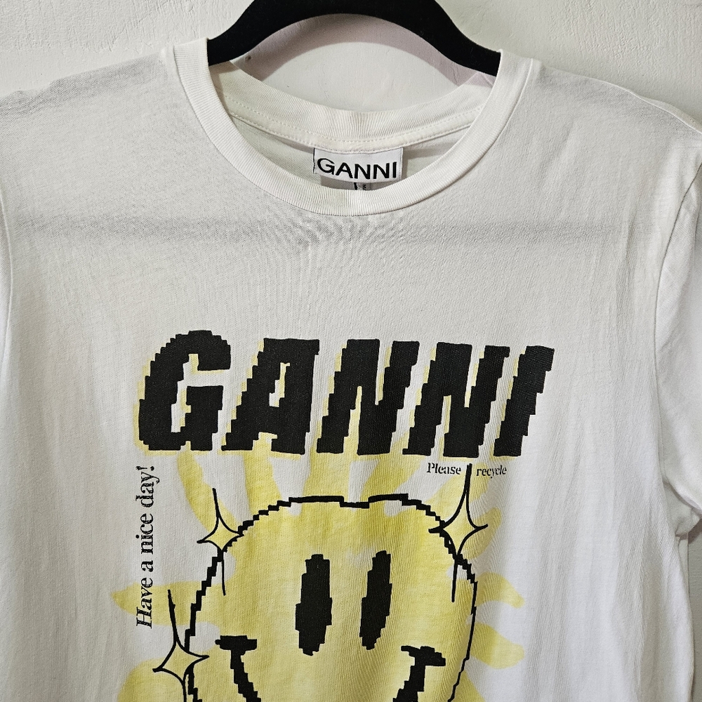 GANNI Love Club Smiley Face Graphic Tee Organic Cotton White S - Picture 6 of 15